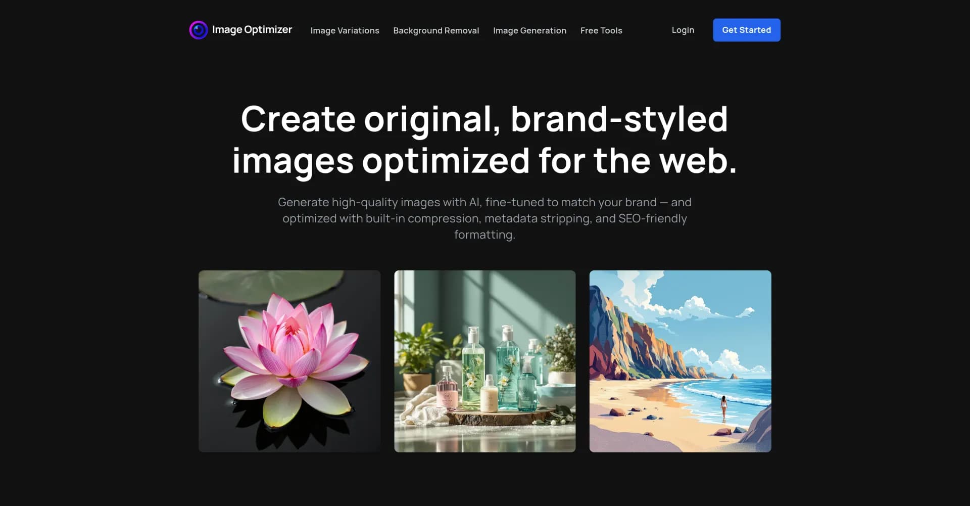 Image Optimizer AI homepage screenshot — Create brand-styled images optimized for the web with AI.