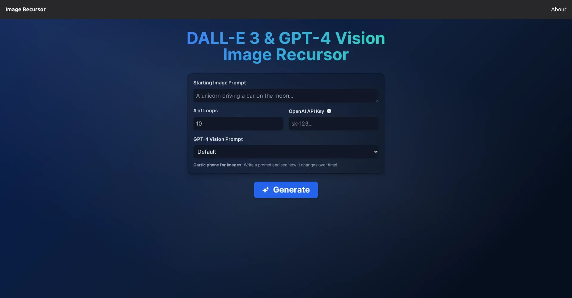 Image Recursor homepage screenshot — Create evolving image chains with AI