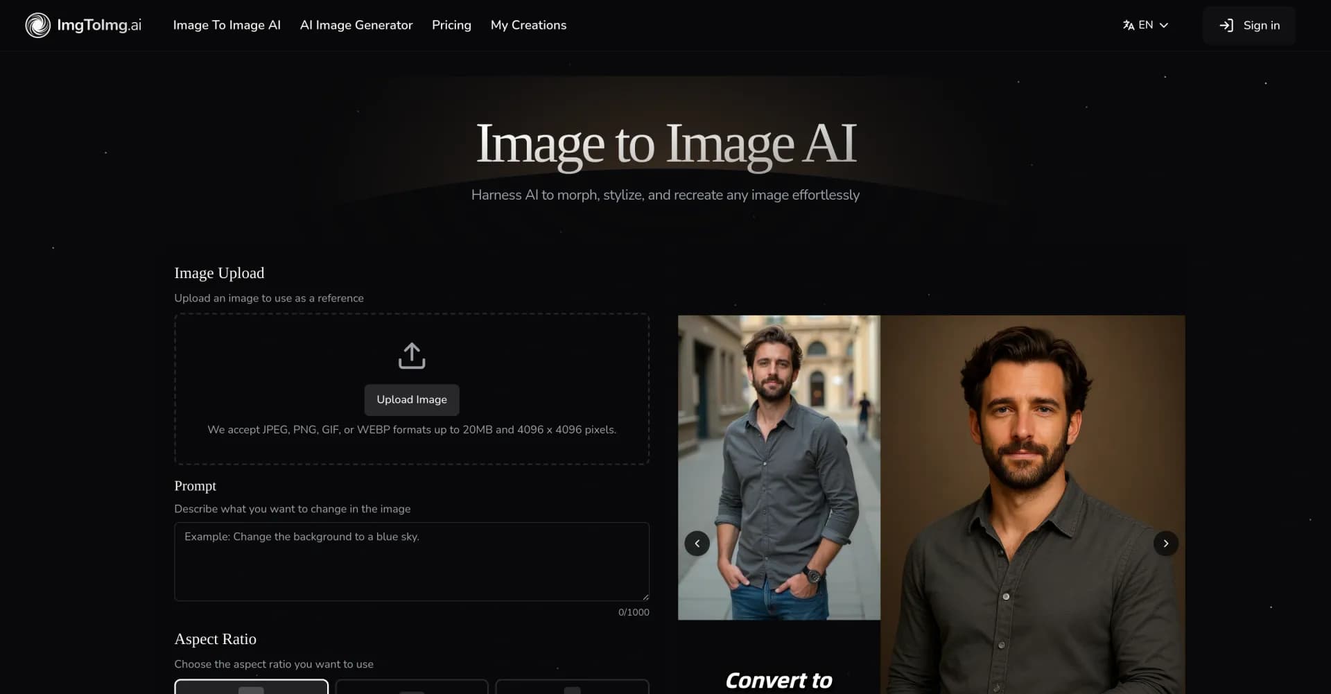 Image To Image AI homepage screenshot — Full control over image editing with AI