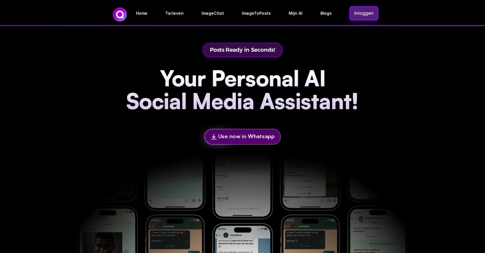 Image to Posts homepage screenshot — AI social media assistant via WhatsApp