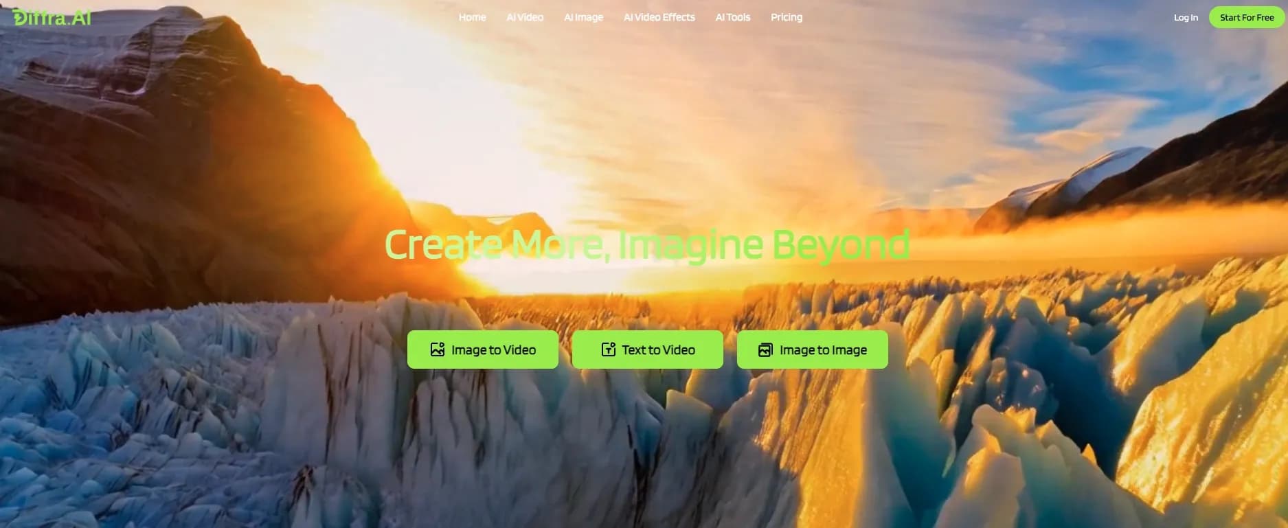Diffra AI（AI Image & Video Generator） homepage screenshot — Turn photos into stunning videos with AI.