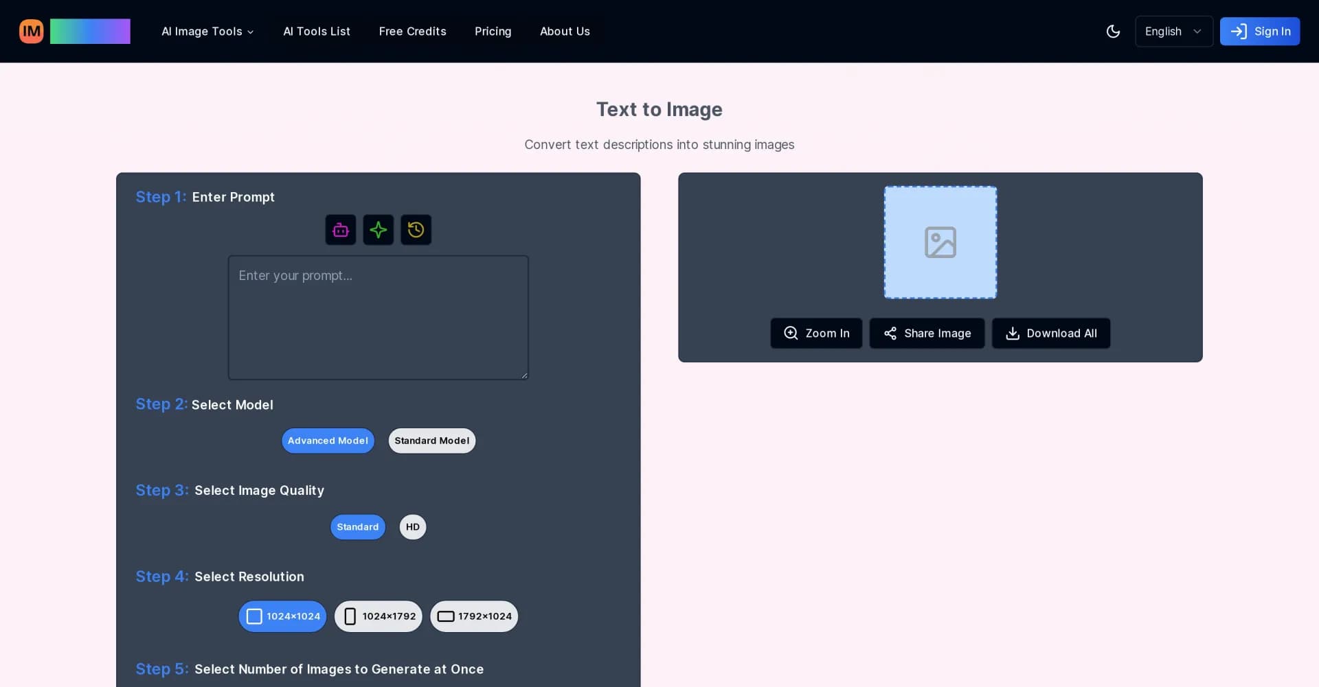 ImageAI.ai homepage screenshot — Convert text into stunning images