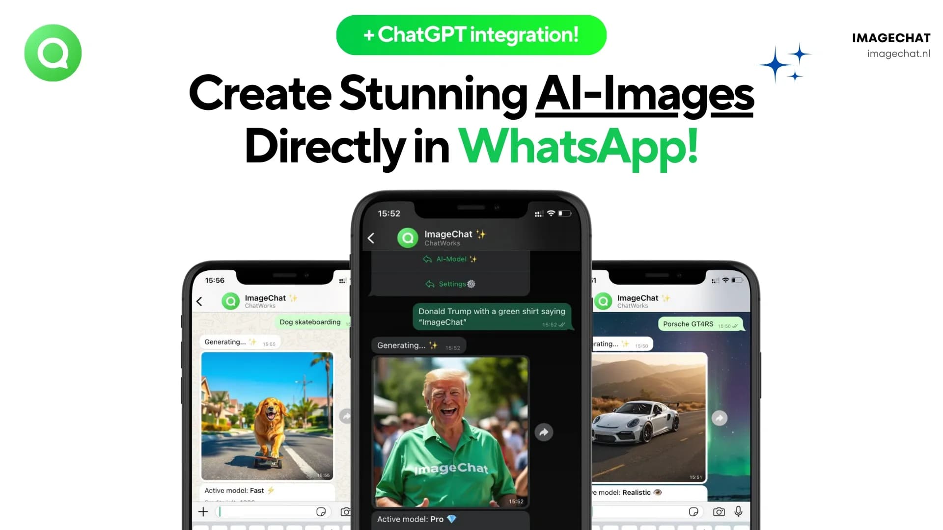 ImageChat homepage screenshot — Create stunning AI images directly in WhatsApp + GPT4o Integ