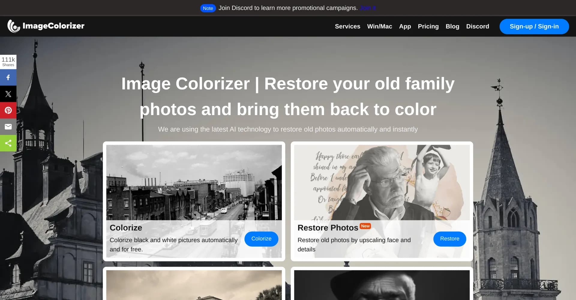 ImageColorizer homepage screenshot — Revive old photos with AI-powered colorization.