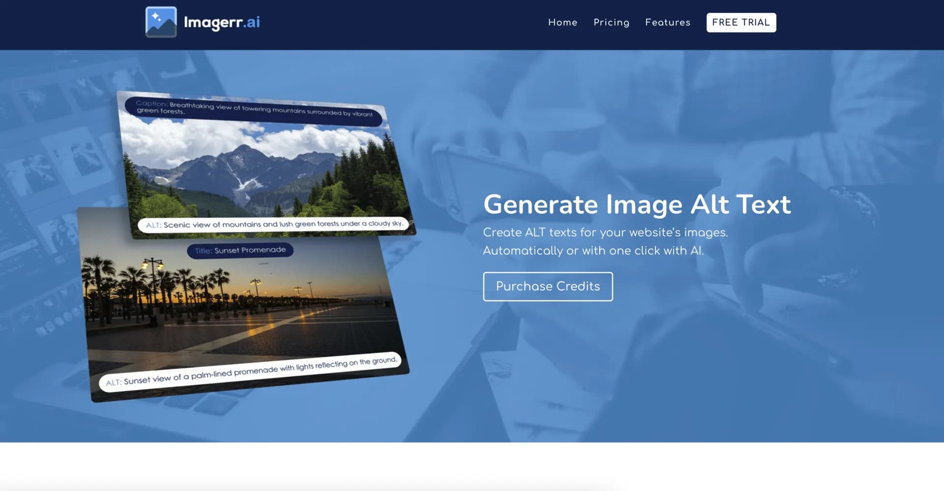 Imagerr AI homepage screenshot — Generate AI-powered alt text for images instantly.