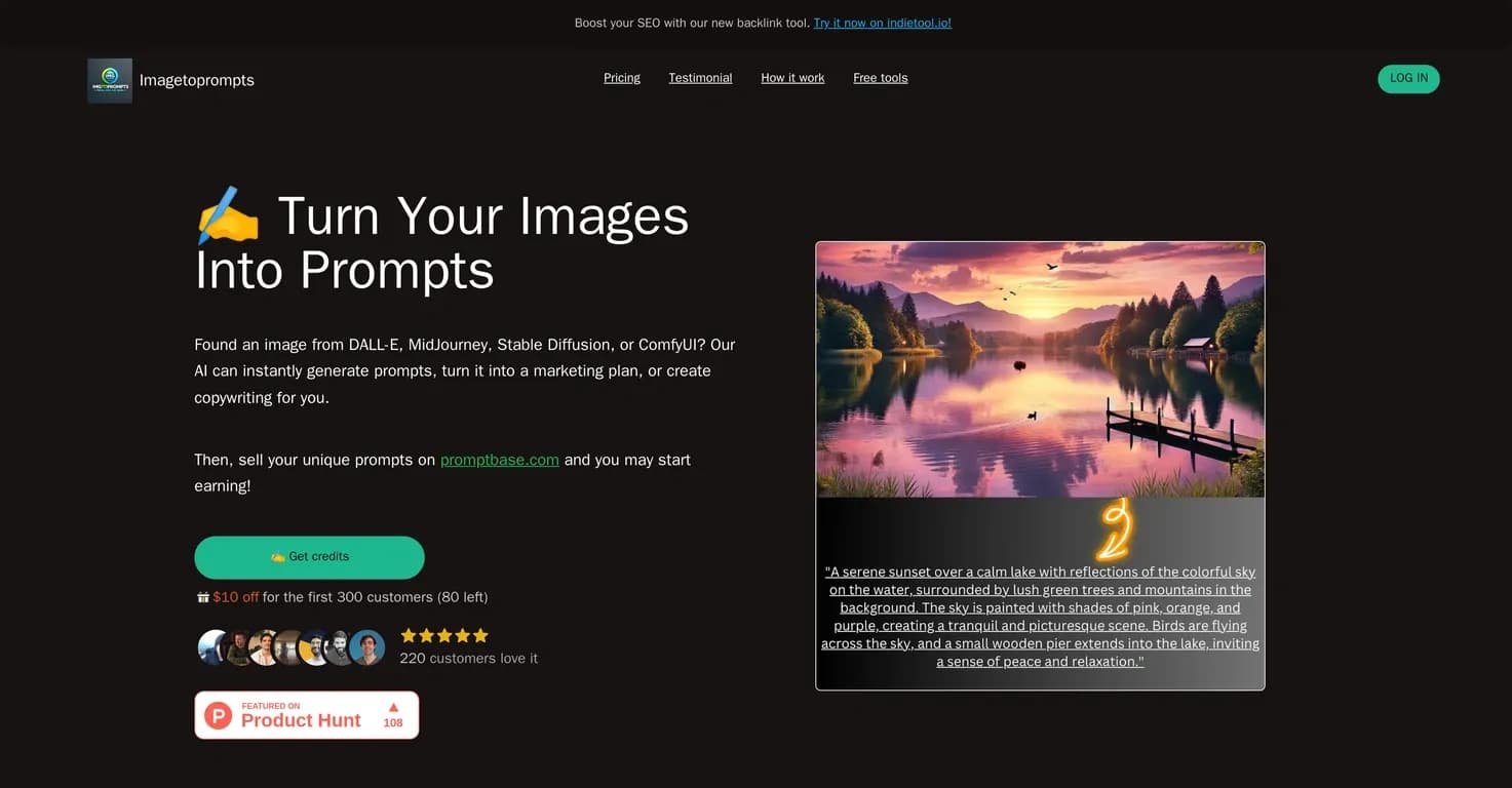 Imagetoprompts homepage screenshot — Transform images into powerful prompts and ideas.
