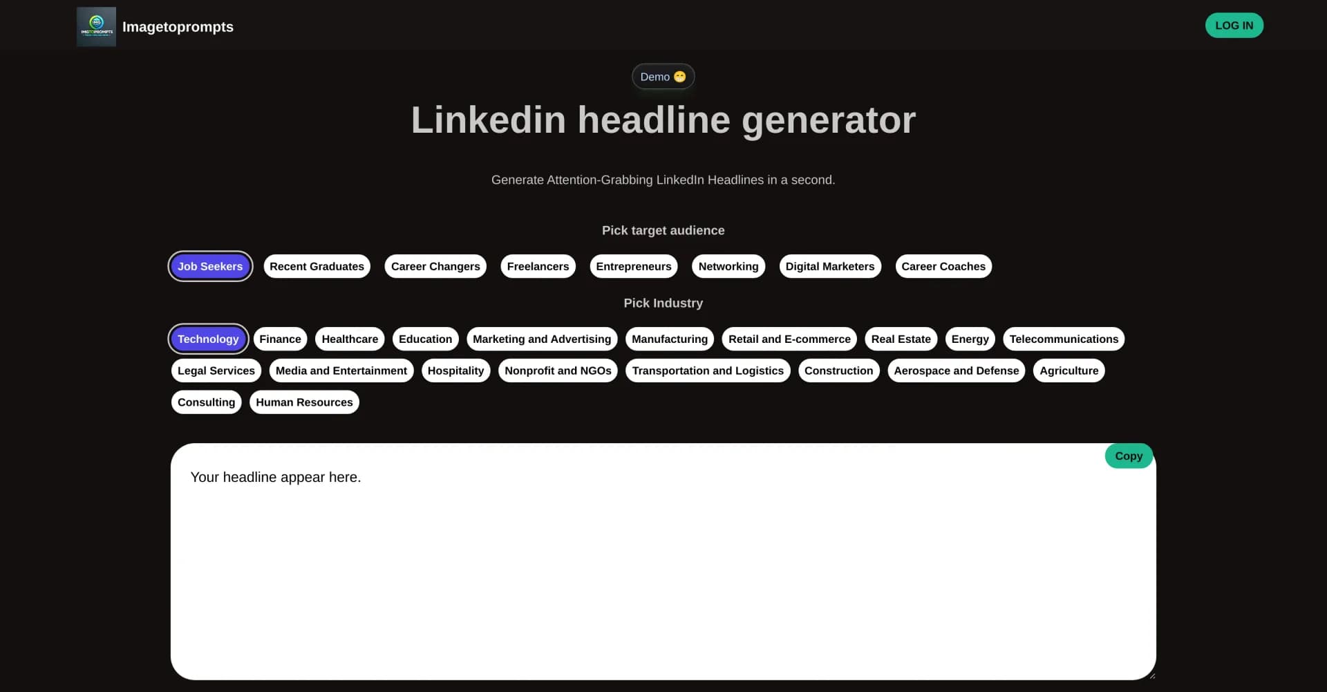 Imagetoprompts LinkedIn Headline Generator homepage screenshot — Create standout LinkedIn headlines that attract opportunitie