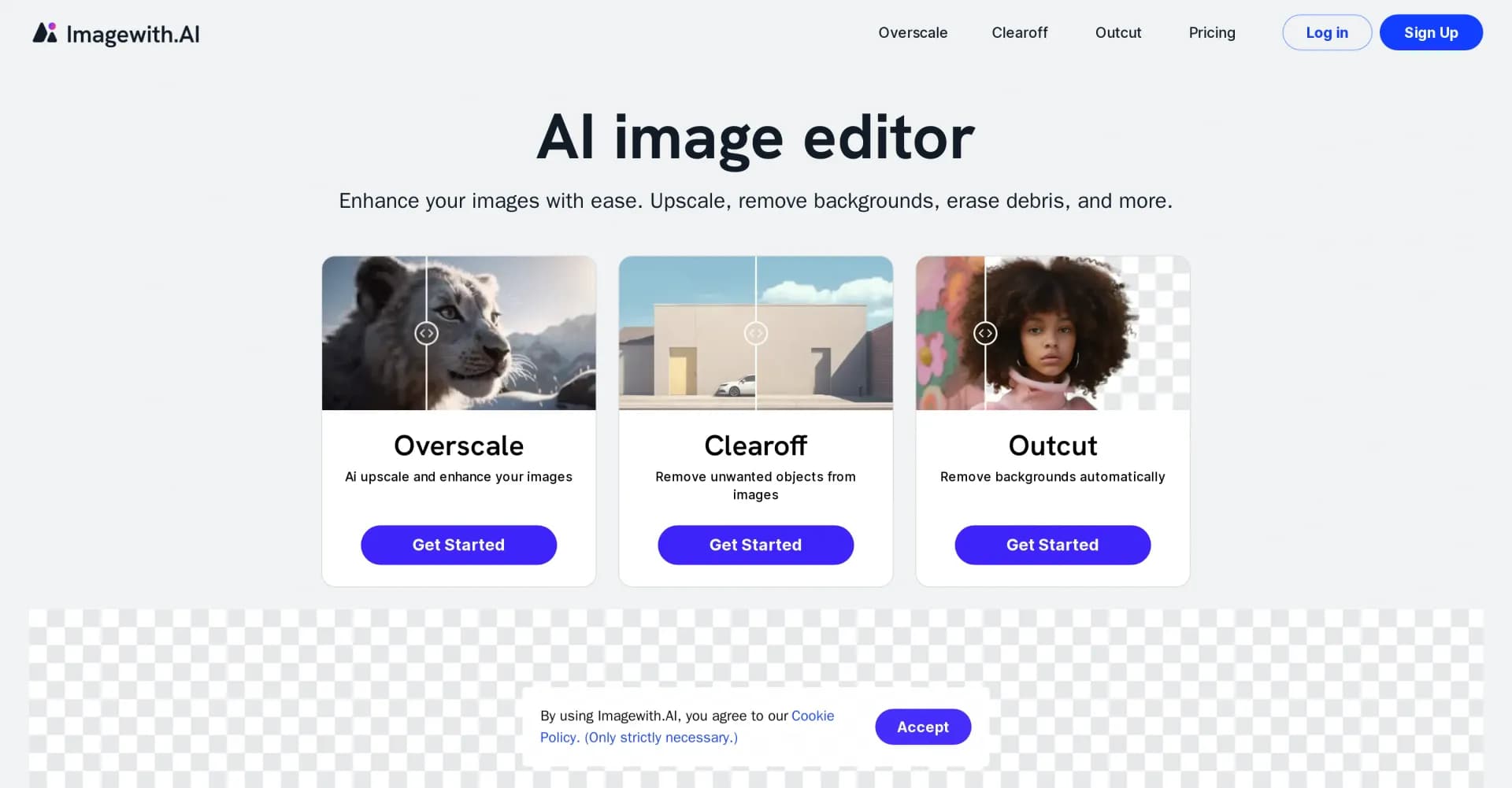 ImageWithAI homepage screenshot — Enhance images with AI-powered editing tools.