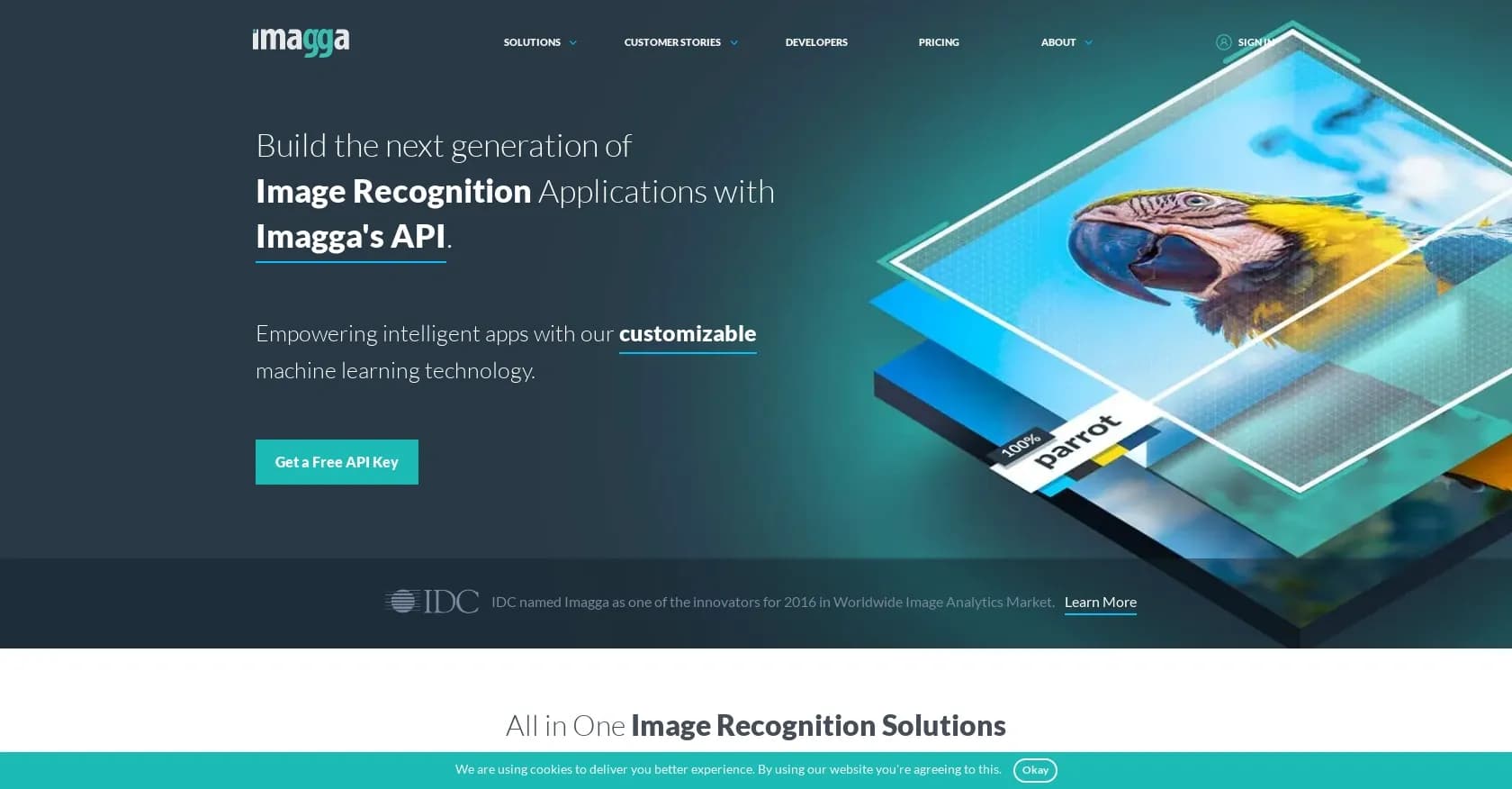 Imagga homepage screenshot — AI-powered image recognition for intelligent content analysi