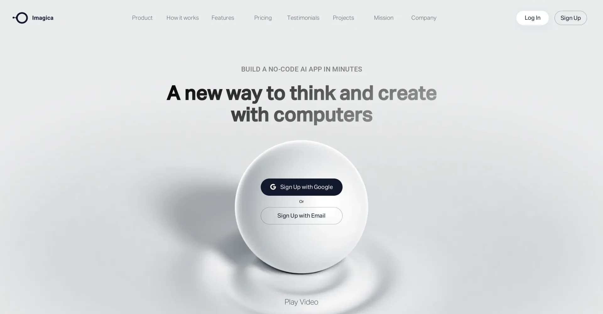 Imagica homepage screenshot — Build a no-code AI app in minutes.