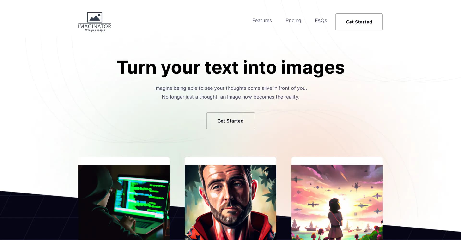Imaginator homepage screenshot — Turn your text into vivid images.