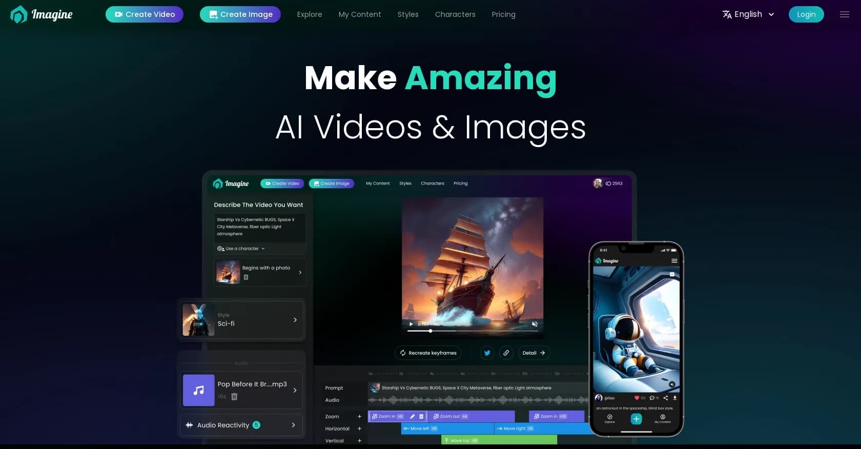 Imagineapp homepage screenshot — Create AI videos and images from your imagination