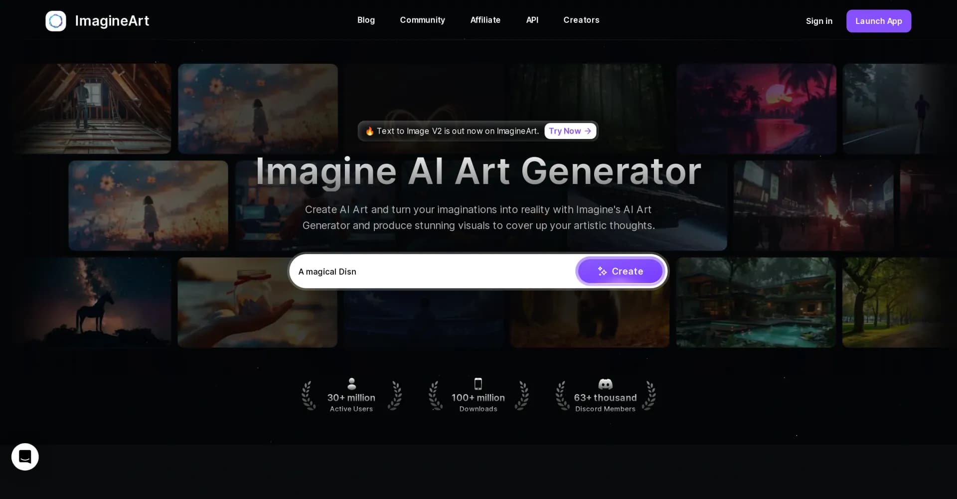 ImagineArt homepage screenshot — Turn imagination into stunning AI art.