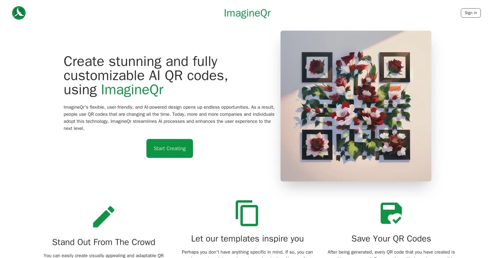 ImagineQR homepage screenshot — Create stunning AI-powered QR codes.