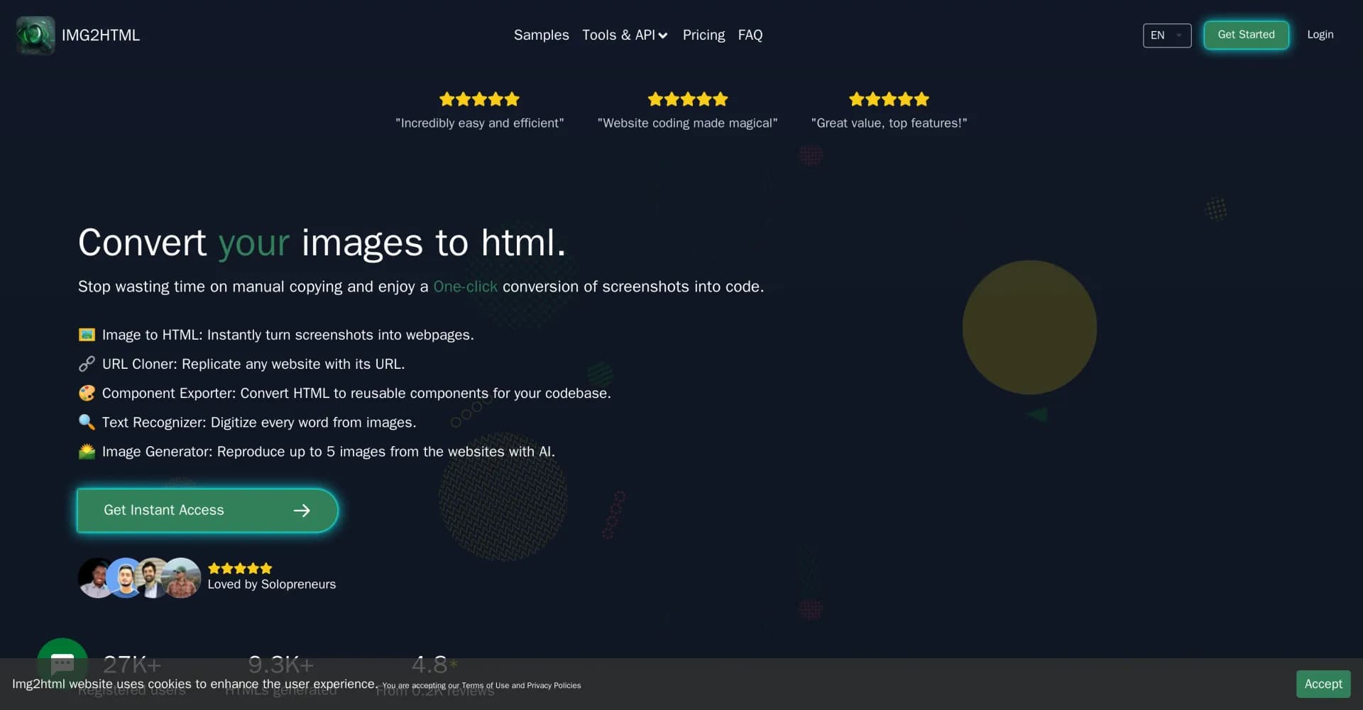 IMG2HTML homepage screenshot — Transforming images into HTML pages.