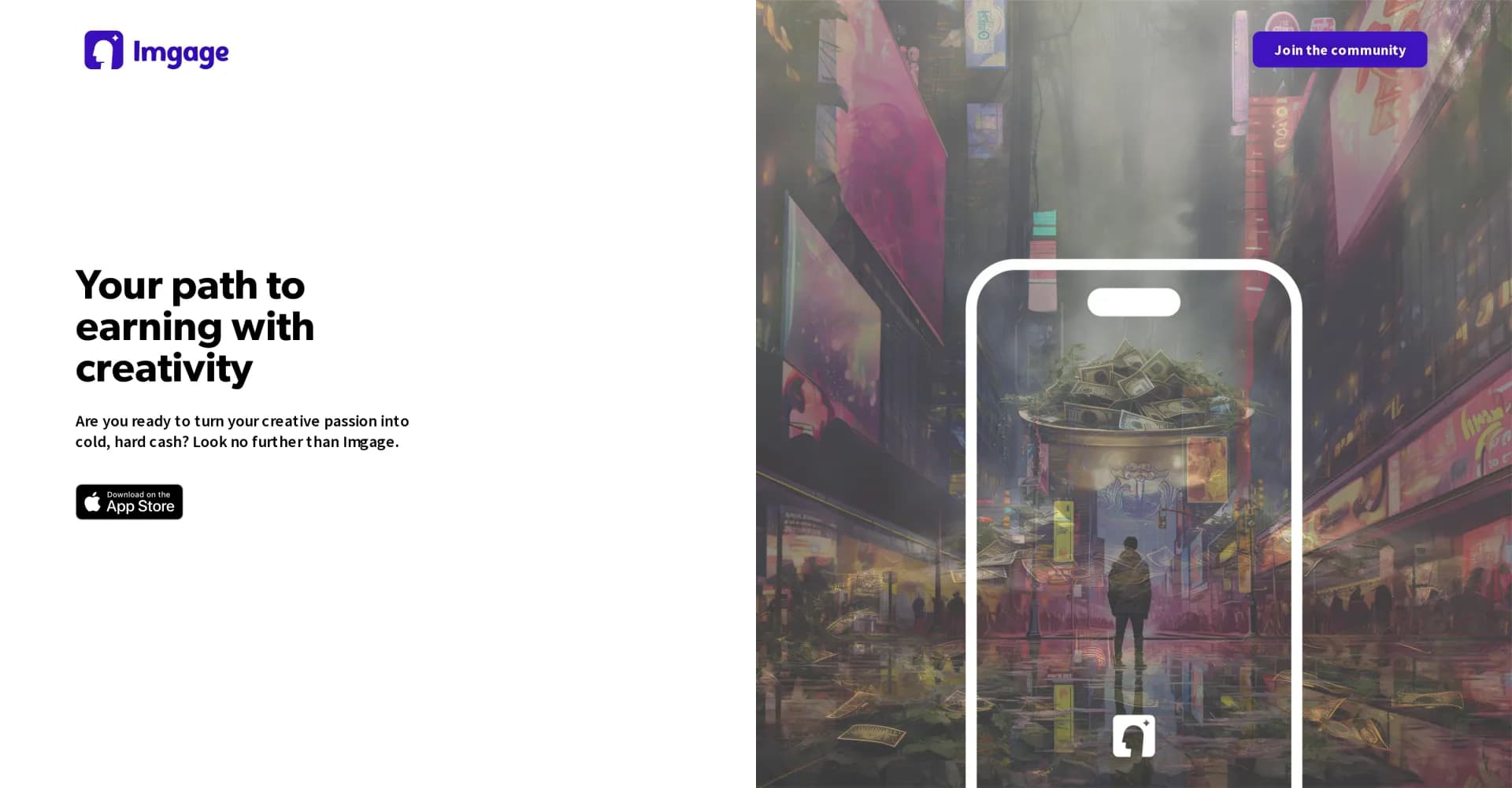Imgage homepage screenshot — Transform creativity into cash with AI-generated art