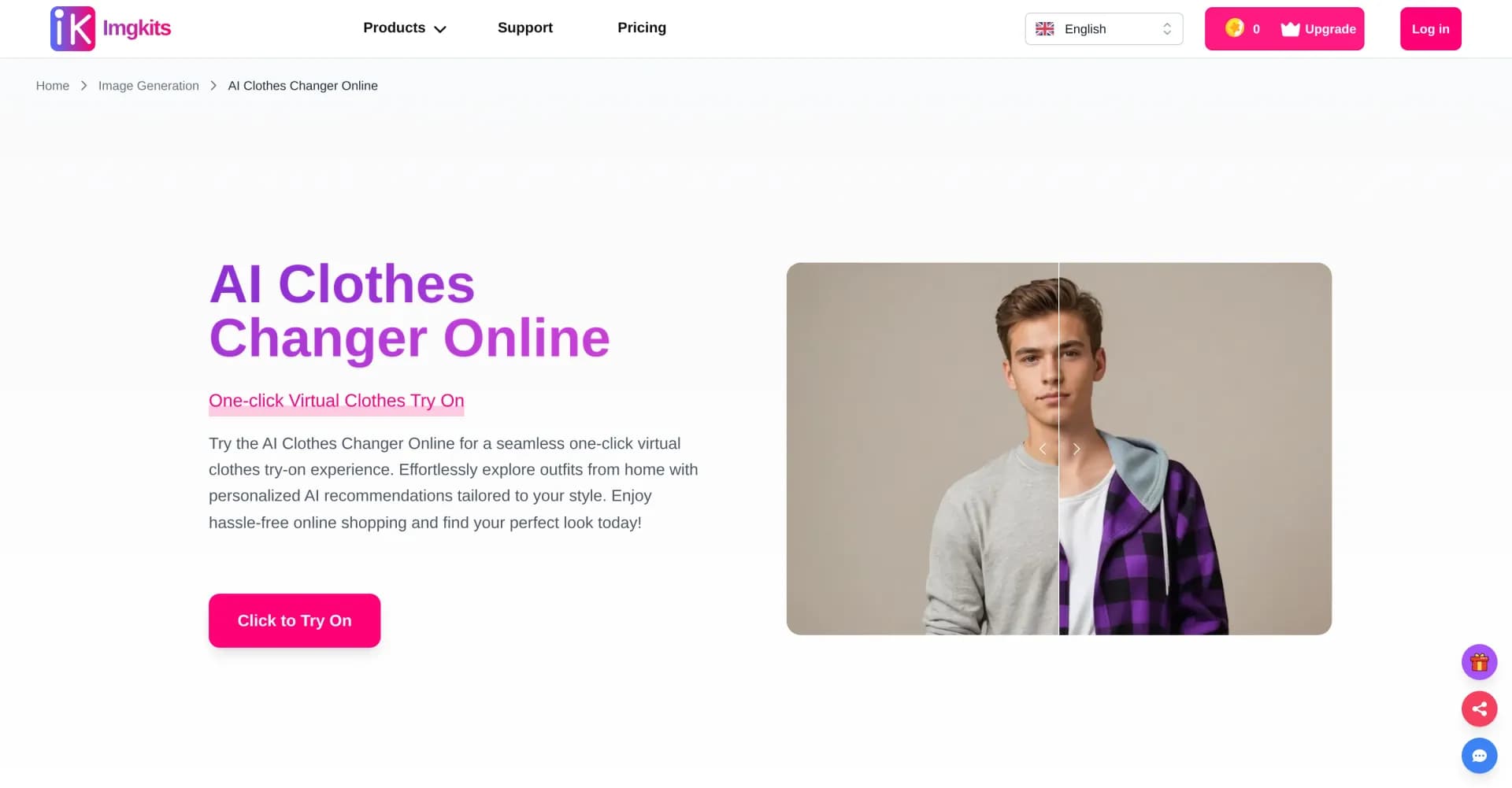 ImgKits AI Clothes Changer homepage screenshot — Transform your look instantly with AI clothes try-on.