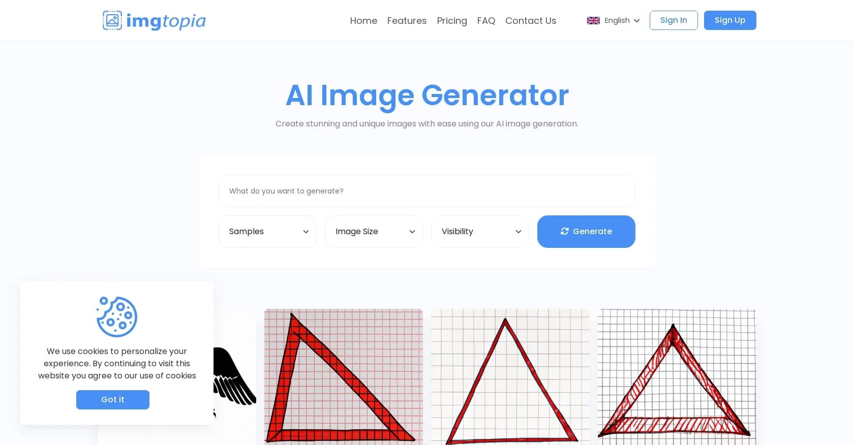 IMGtopia homepage screenshot — Create stunning, unique images with AI ease.