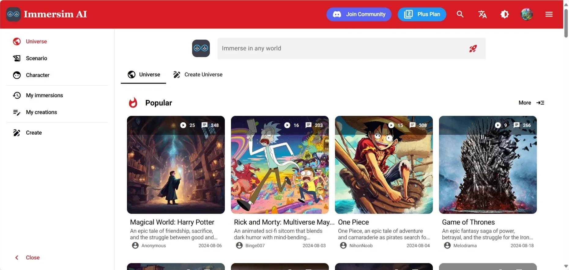 Immersim AI homepage screenshot — Immersive and narrative-driven role-play in any world, as an