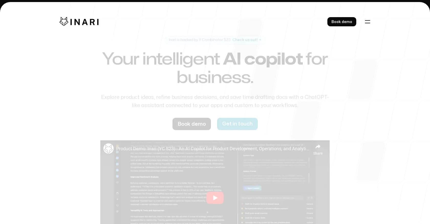 Inari homepage screenshot — Product dev & ops analytics business partner.