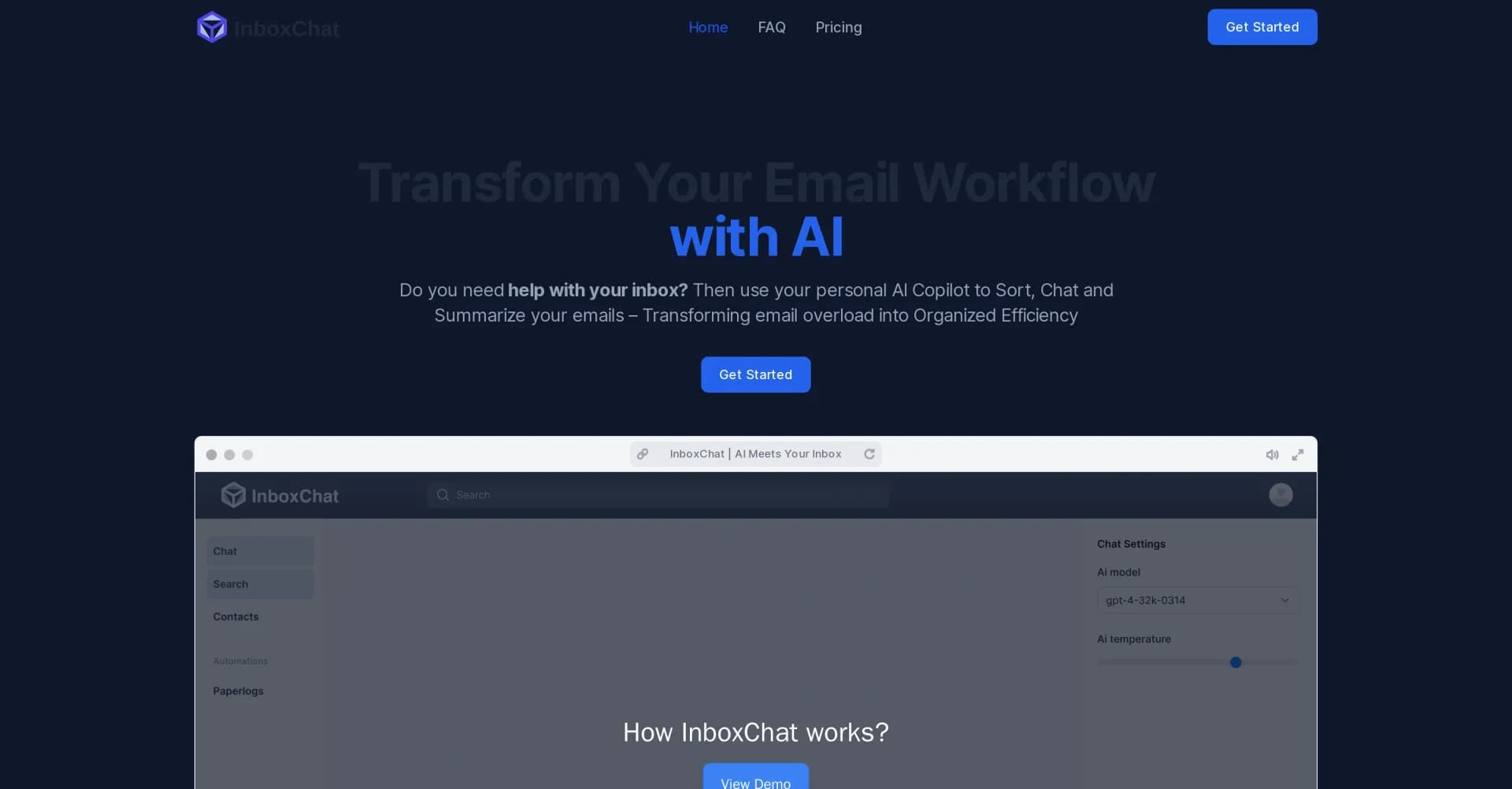 InboxChat homepage screenshot — Transform email overload into organized efficiency with AI