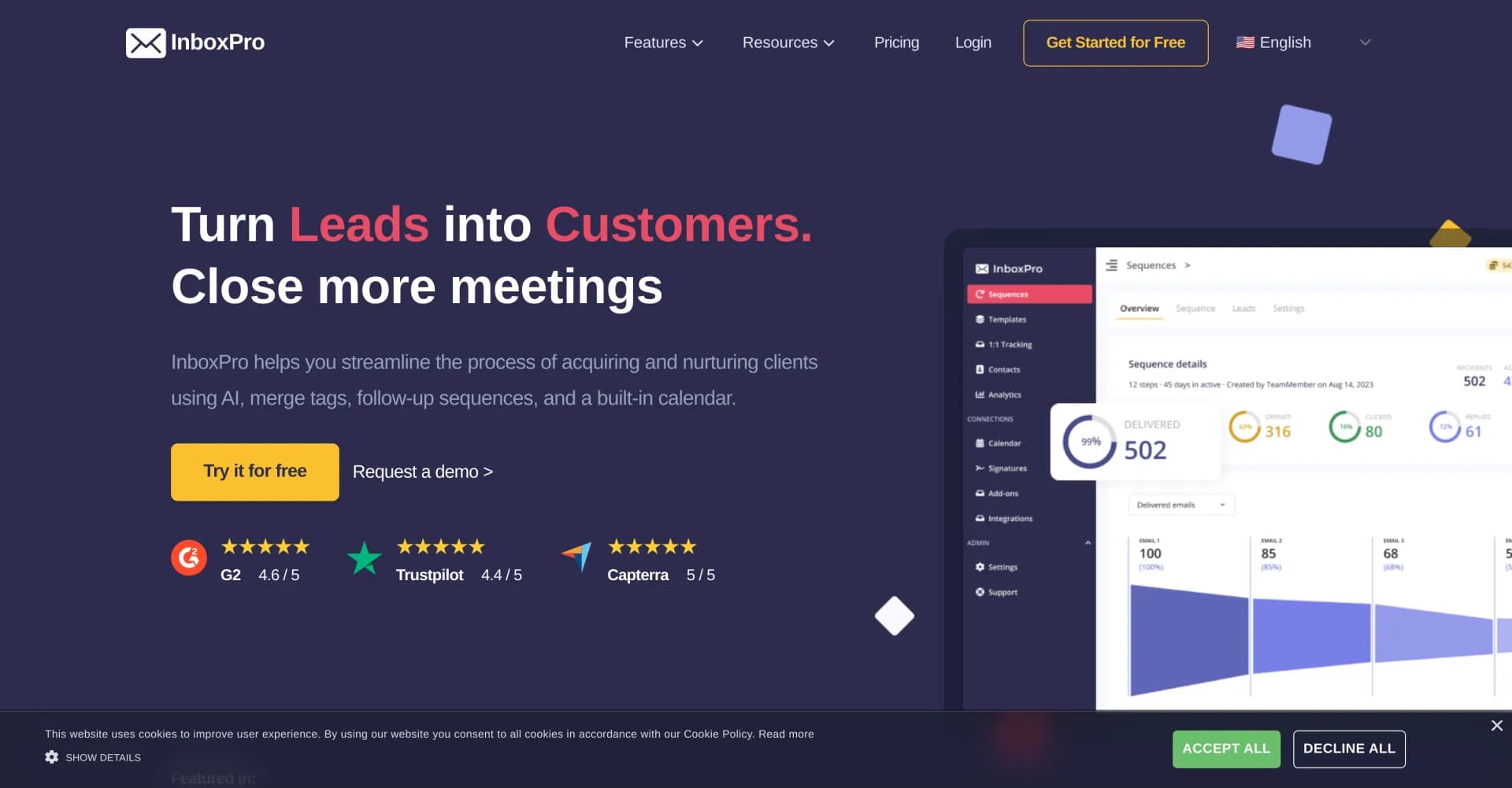 InboxPro homepage screenshot — Streamline client acquisition with AI-powered email tools.