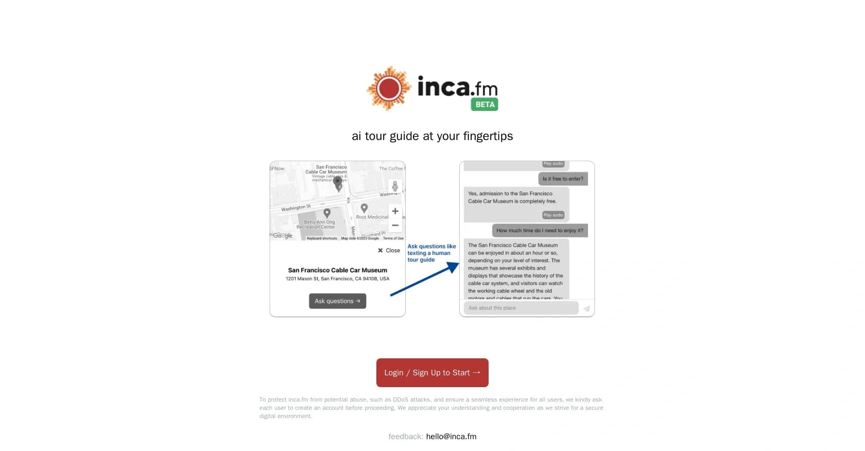 Inca FM homepage screenshot — AI tour guide at your fingertips