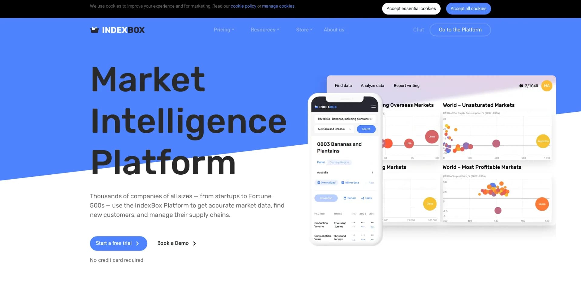 IndexBox homepage screenshot — AI-driven market intelligence platform