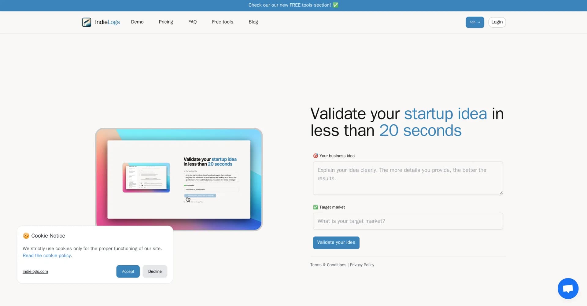 Indie Logs homepage screenshot — Validate your startup idea in seconds