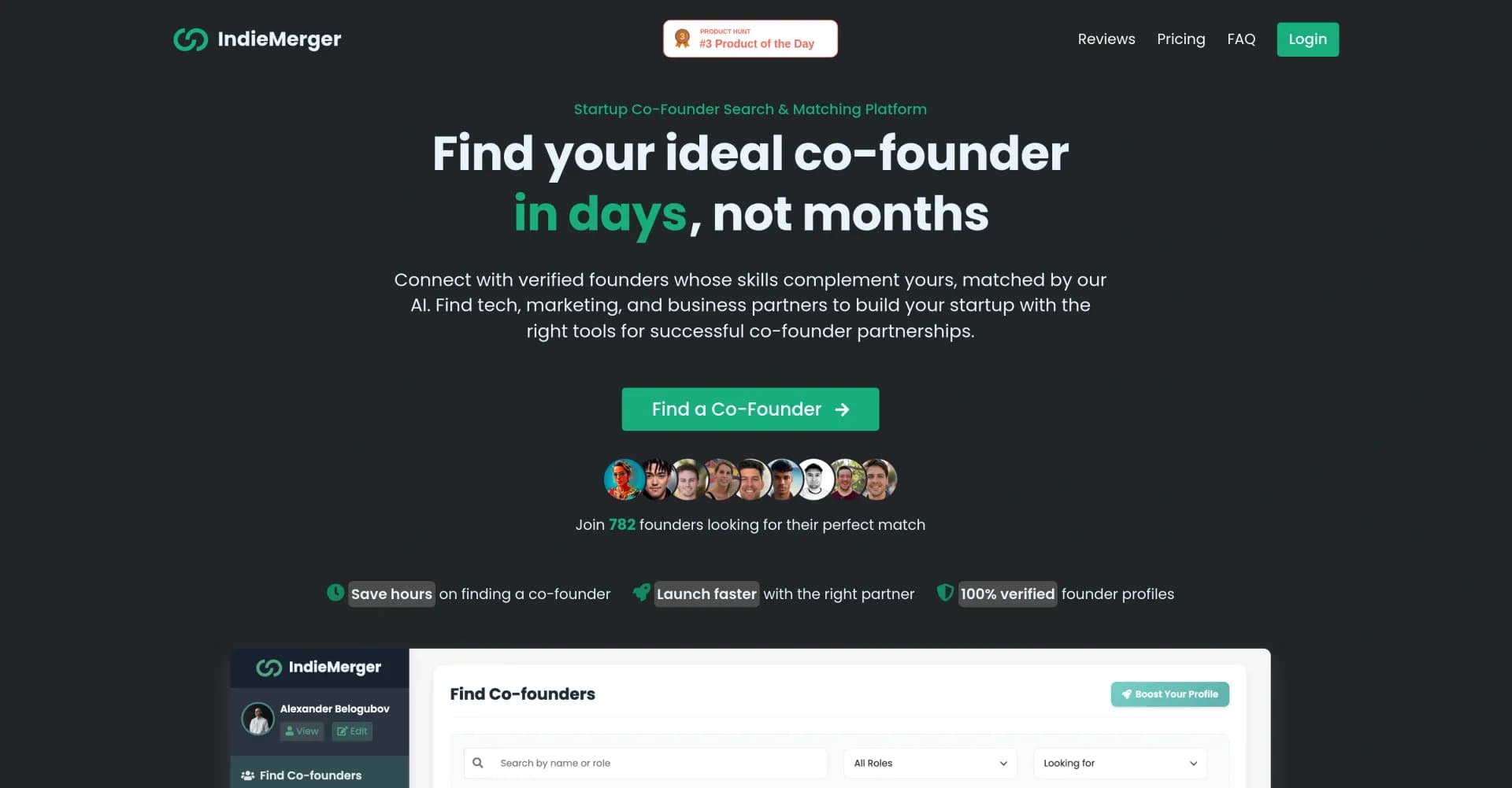 IndieMerger homepage screenshot — Find your ideal co-founder in days, not months.