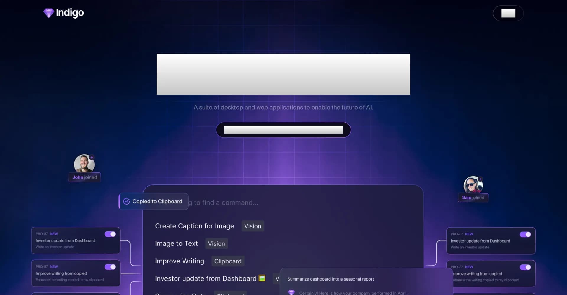 Indigo homepage screenshot — AI-powered assistant for your team's desktop