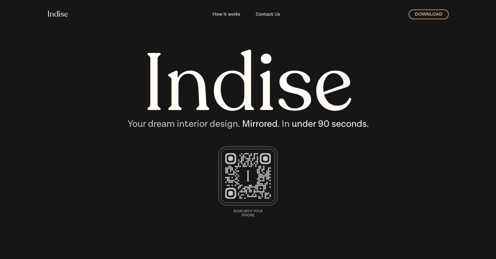 Indise homepage screenshot — Your dream interior design, mirrored in seconds.