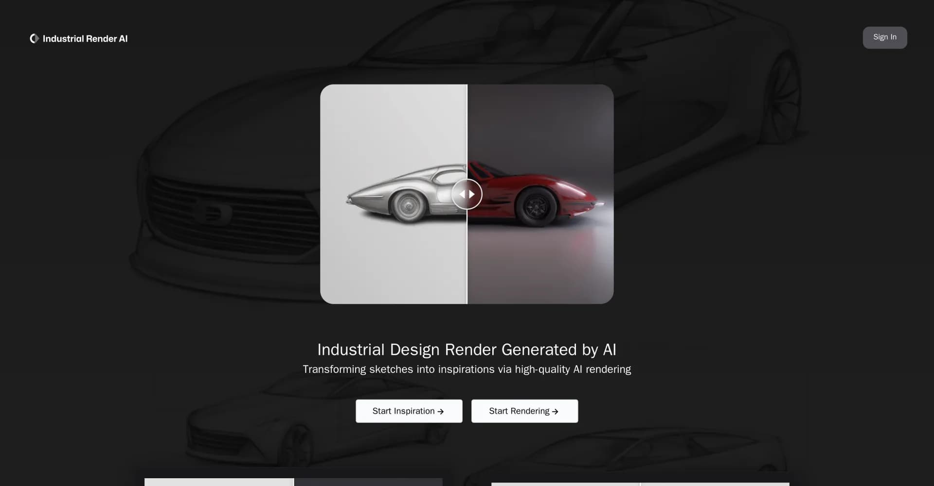 Industrial Render AI homepage screenshot — Transform sketches into high-quality AI renderings