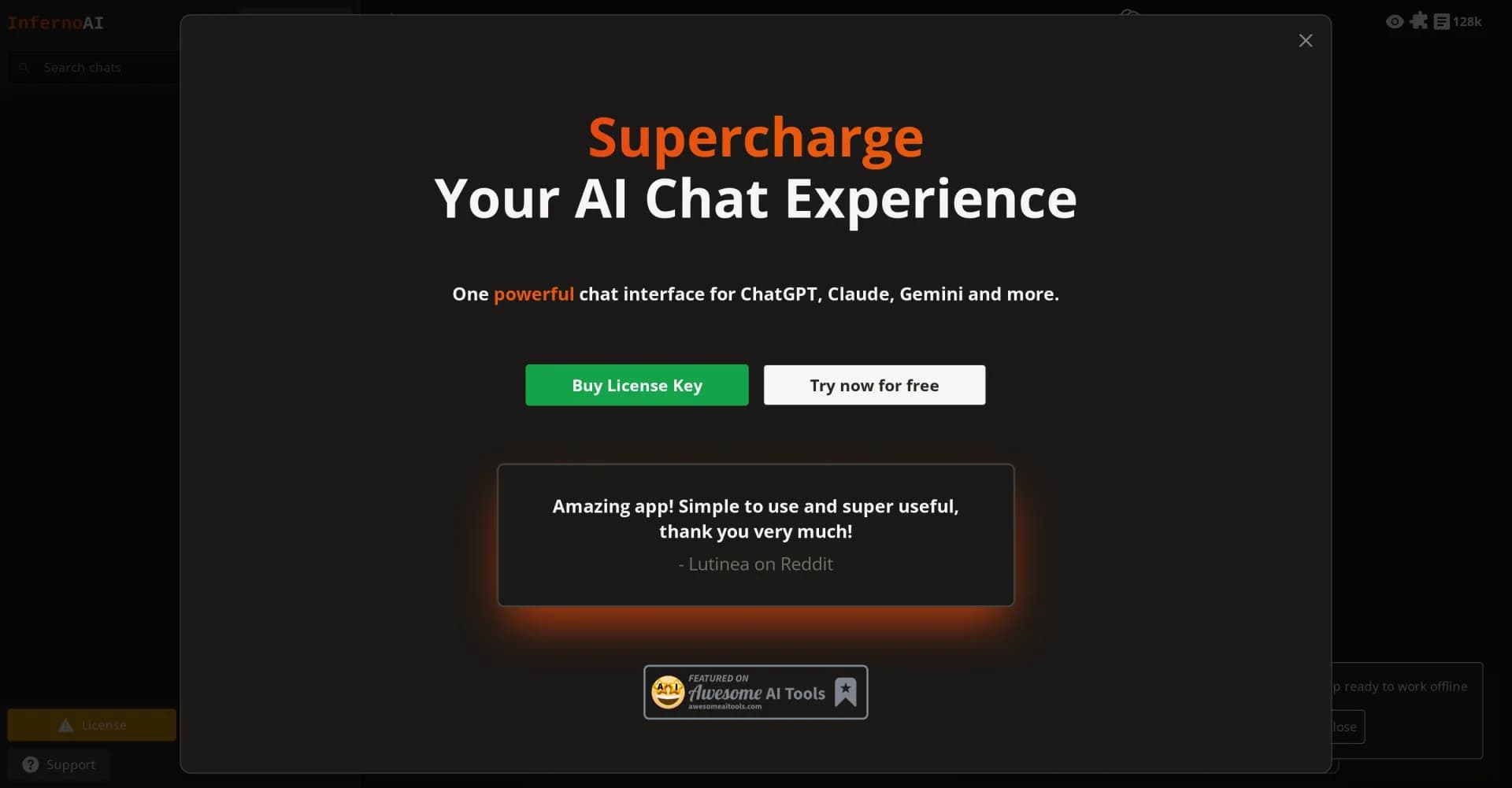 InfernoAI homepage screenshot — Supercharge Your AI Chat Experience