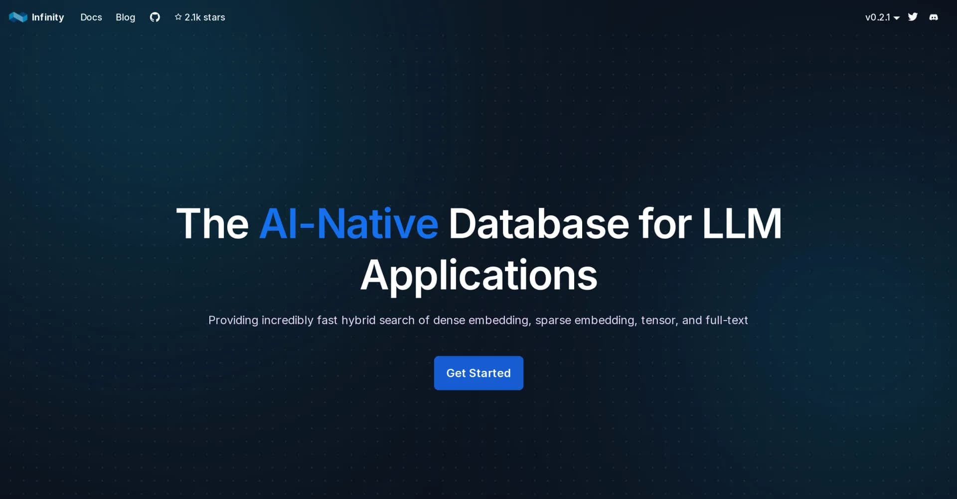 InfinityFlow homepage screenshot — Supercharge LLM apps with lightning-fast hybrid search