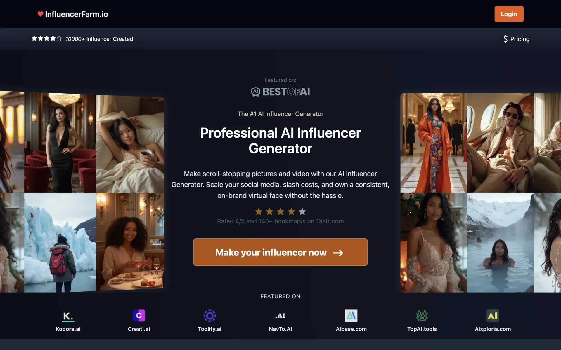 InfluencerFarmv2.0 homepage screenshot — Supports hyper realistic pictures and video
