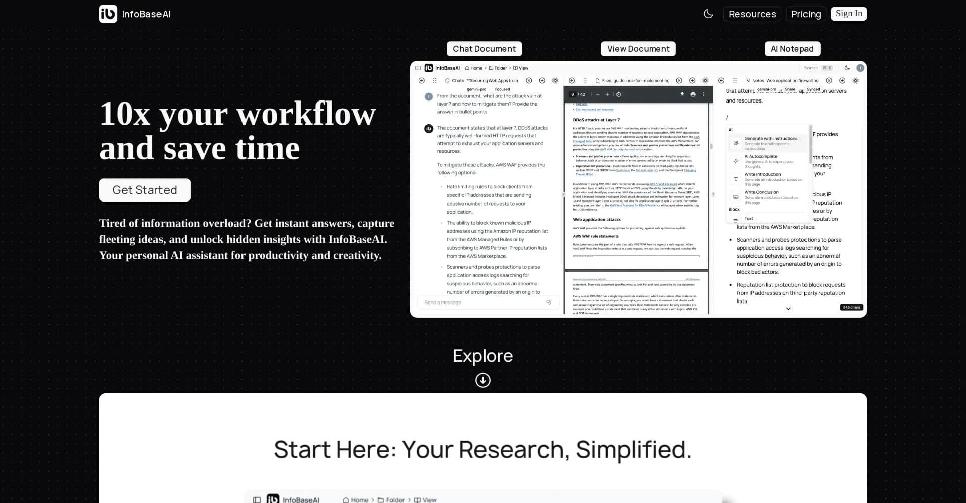InfoBaseAI homepage screenshot — From knowledge to action: Elevate your workflow.