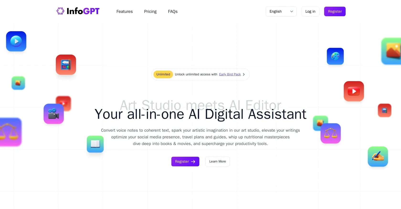 InfoGPT homepage screenshot — Your all-in-one AI digital assistant for creativity and prod