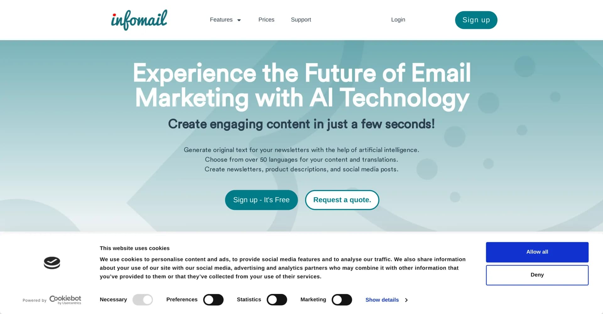 Infomail homepage screenshot — Communicate effectively with customers via email marketing.