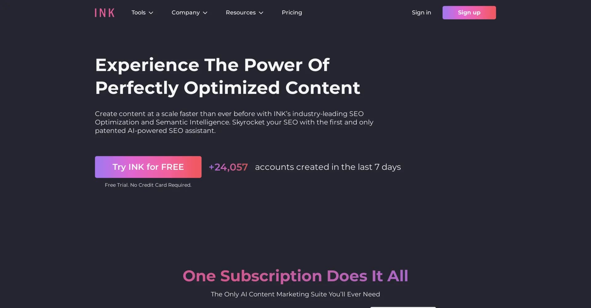 INK homepage screenshot — Craft original, SEO-optimized content with AI assistance.