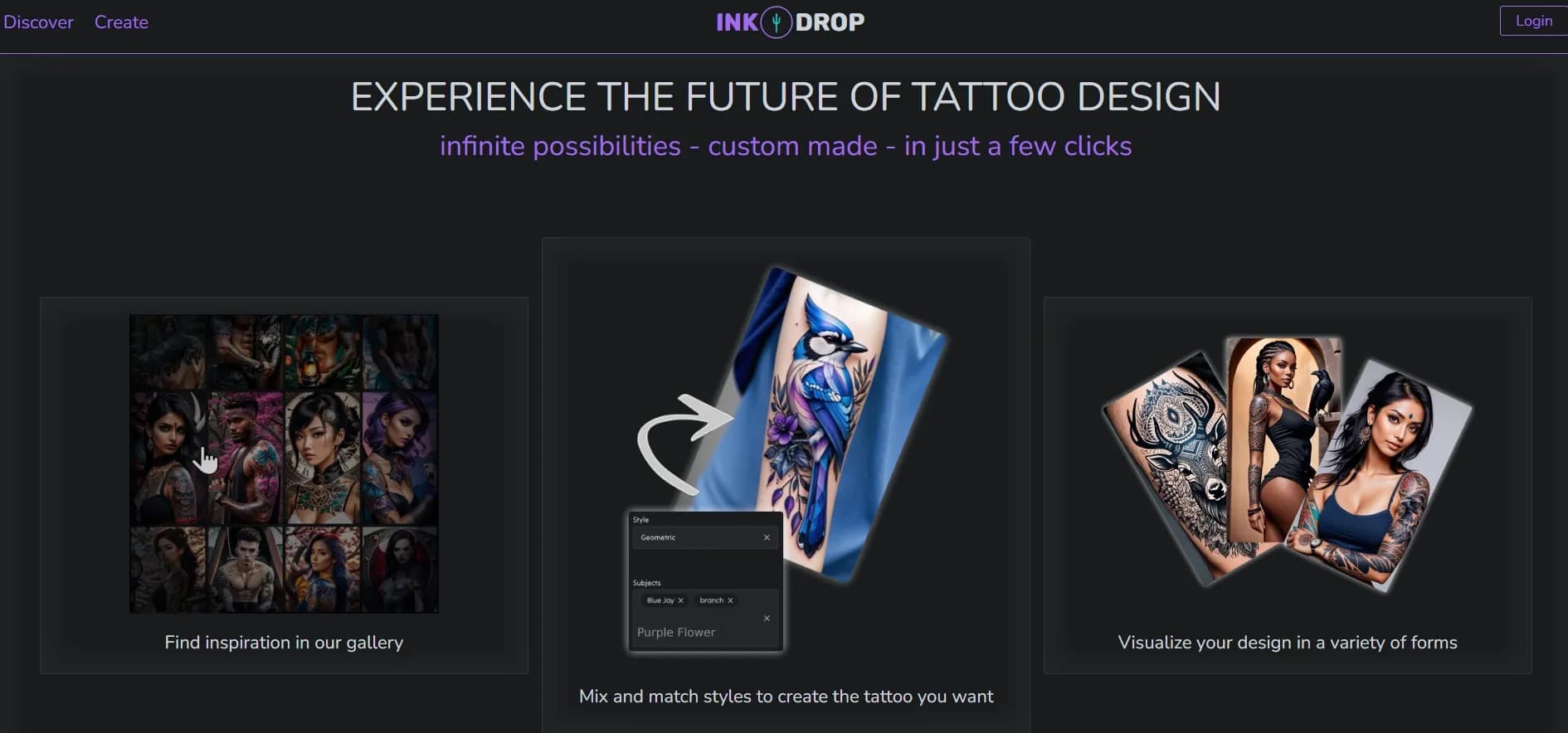 InkDrop homepage screenshot — Design custom tattoos in seconds with AI