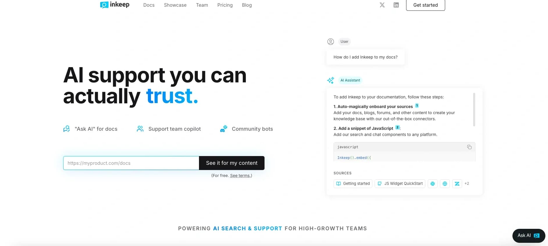 Inkeep homepage screenshot — Turn your content into trustworthy AI chatbots.