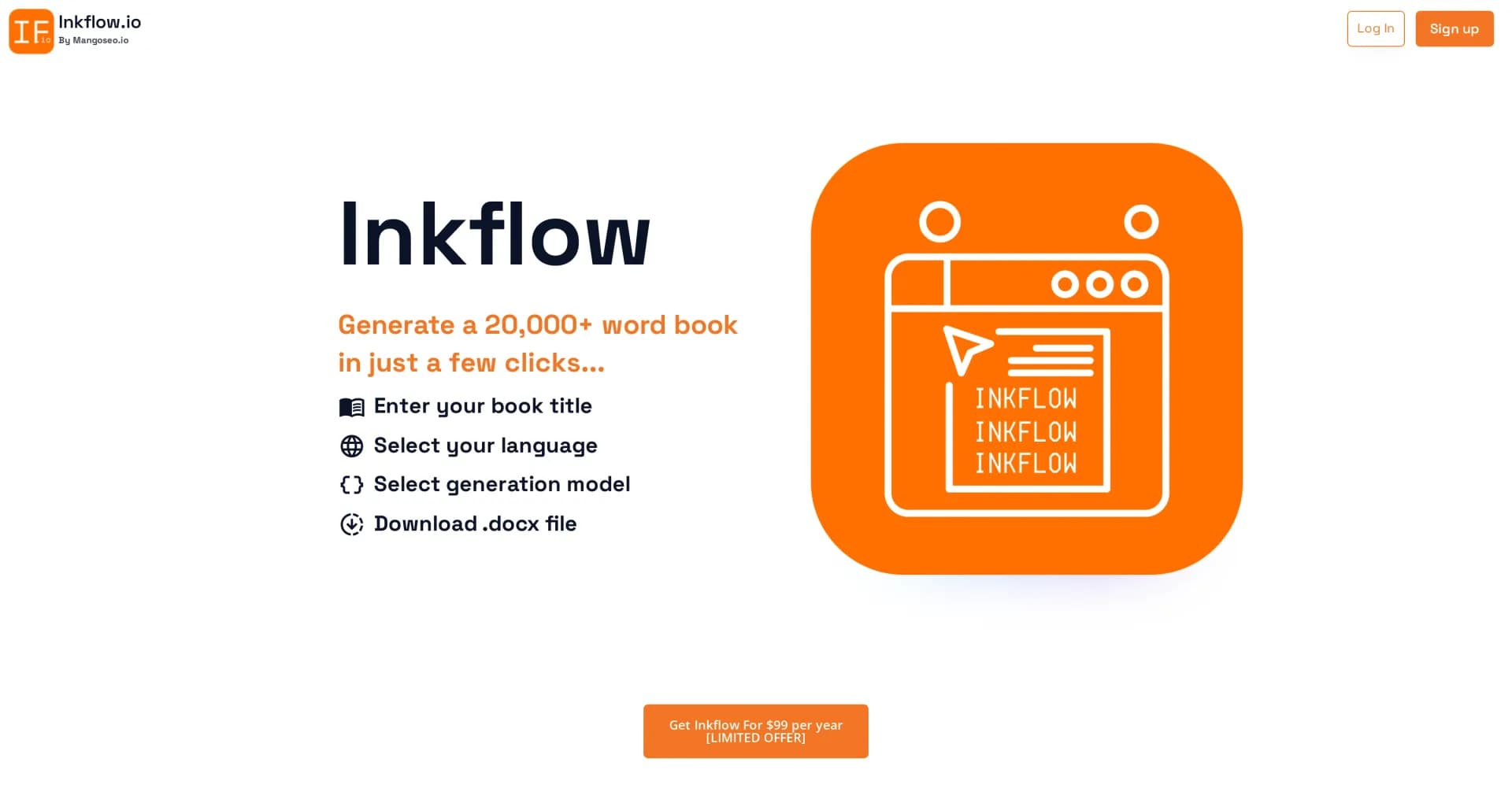 Inkflow homepage screenshot — Generate a 20,000+ word book in just a few clicks