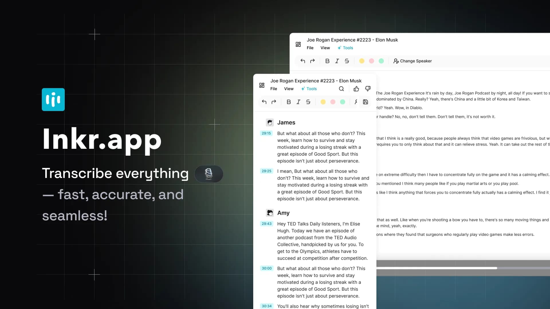 Inkr.app homepage screenshot — Transcribe audio and video effortlessly in minutes.