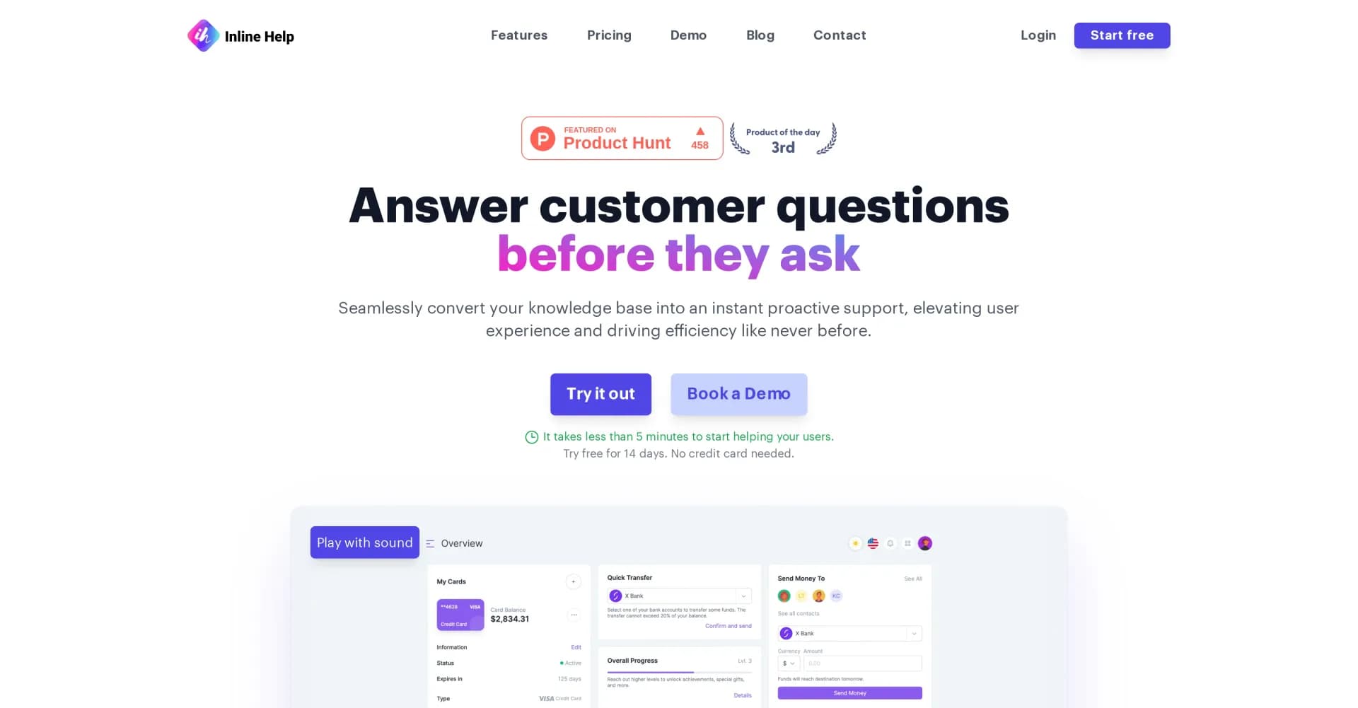Inline Help homepage screenshot — Answer customer questions before they ask