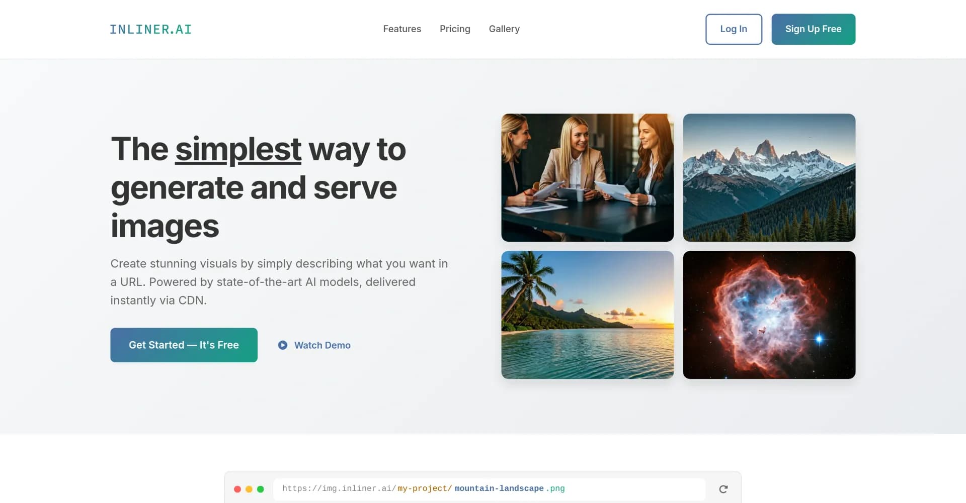 INLINER homepage screenshot — Generate images by describing them in a URL.