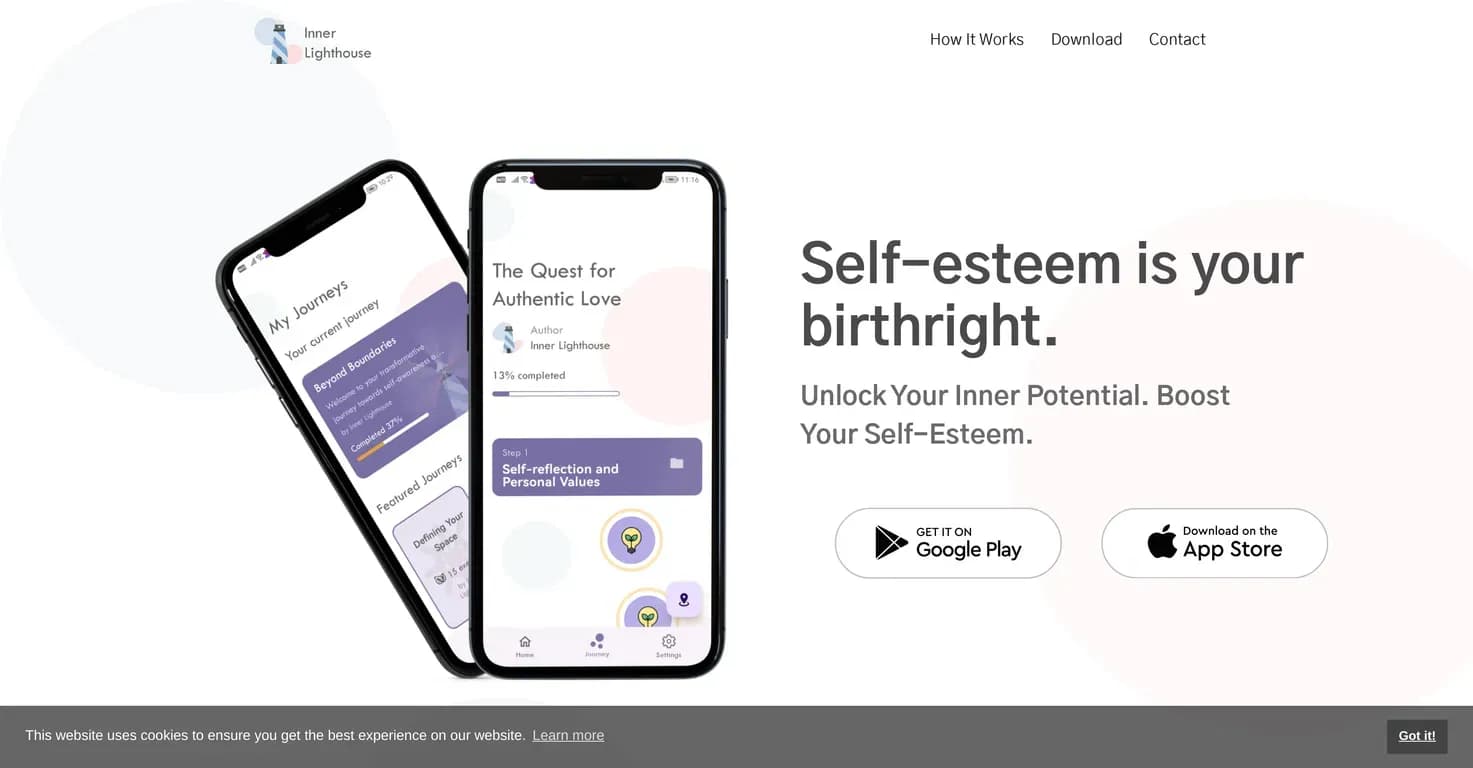 Inner Lighthouse homepage screenshot — Boost self-esteem through daily 10-minute reflections.