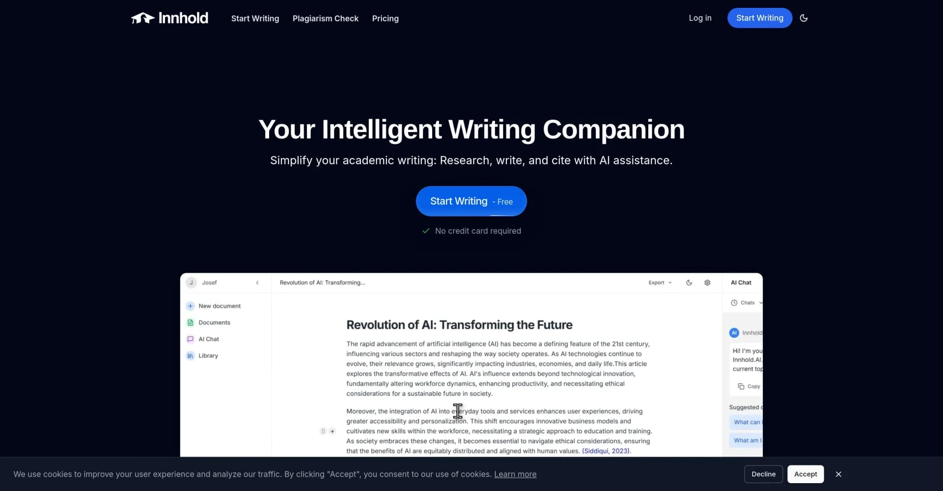 Innhold.ai homepage screenshot — Simplify academic writing with AI assistance.