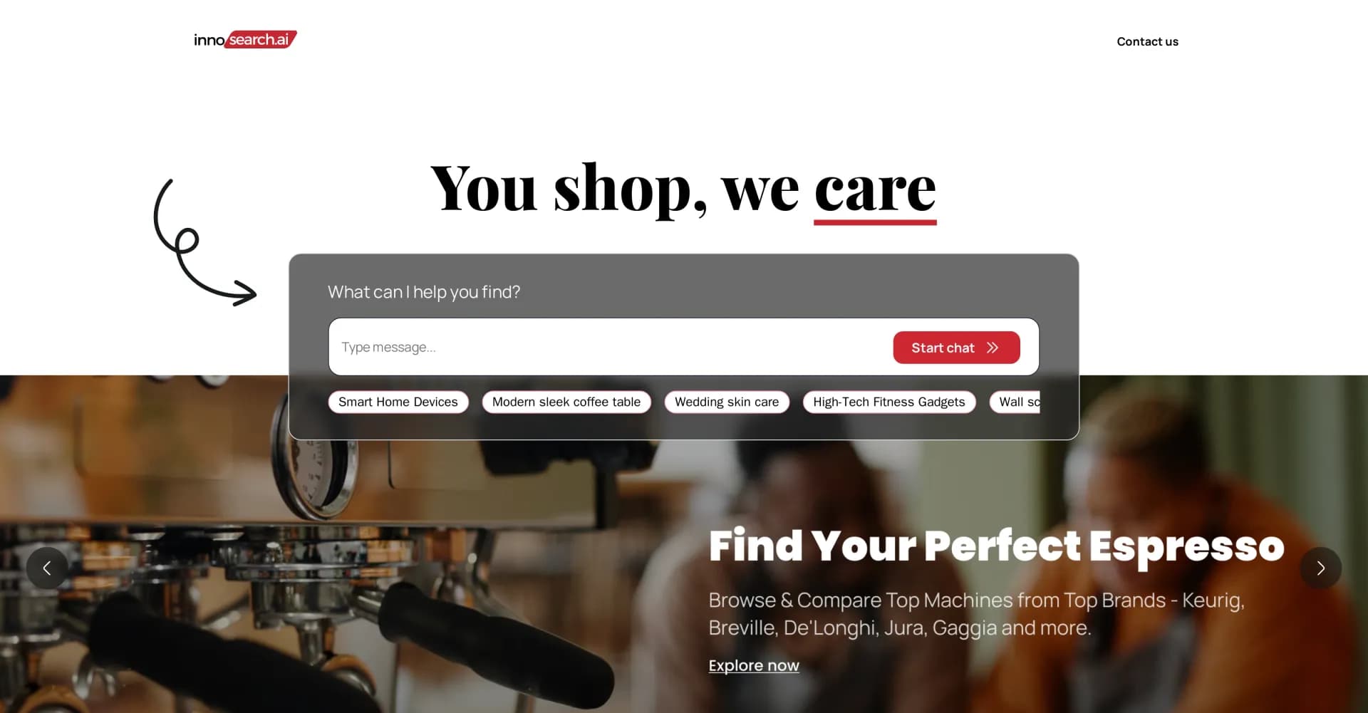 InnoSearch homepage screenshot — YOU SHOP, WE CARE