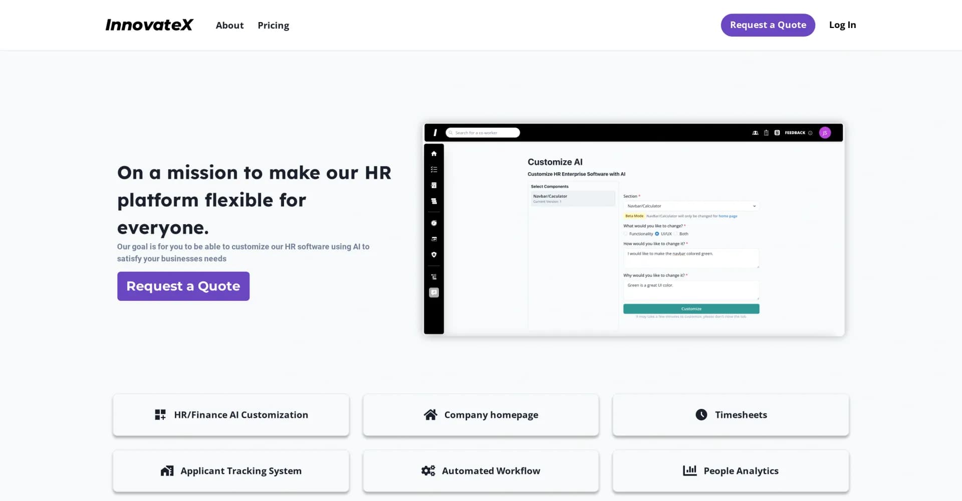 Innovatex homepage screenshot — AI-powered HR and Finance solutions for businesses of all si